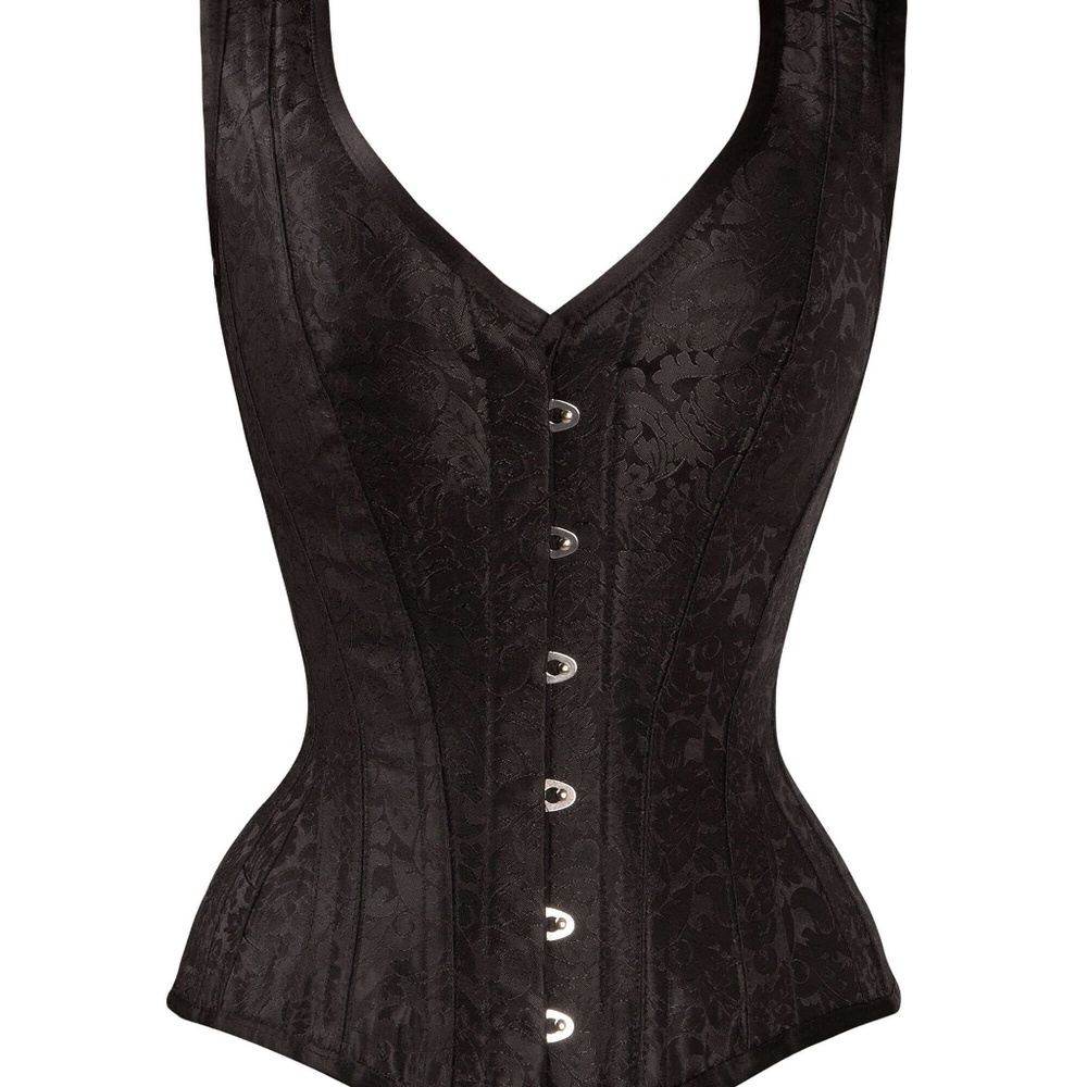 Corset BLACK BROCADE WAIST TAMING OVERBUST WITH SHOULDER STRAPS lace up
